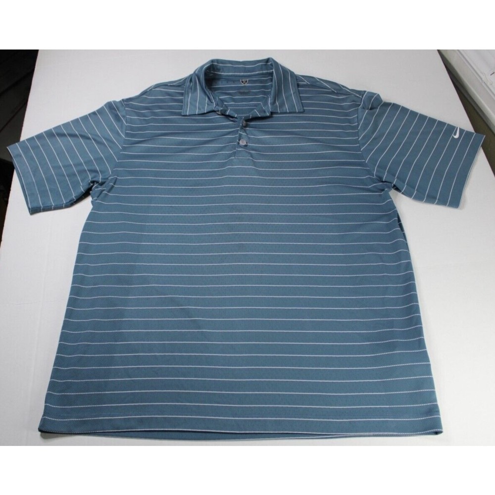 Nike Golf Dri-Fit Polo Shirt Light Blue White Stripes Large Short Sleeve Sz L